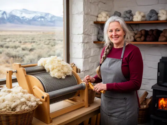 A smiling wool maker cranking a new wooden drum carder full of cream fleece in a stone studio.