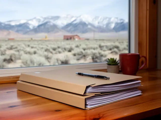 A neat stack of closed manila folders and a pen on a desk by a window.