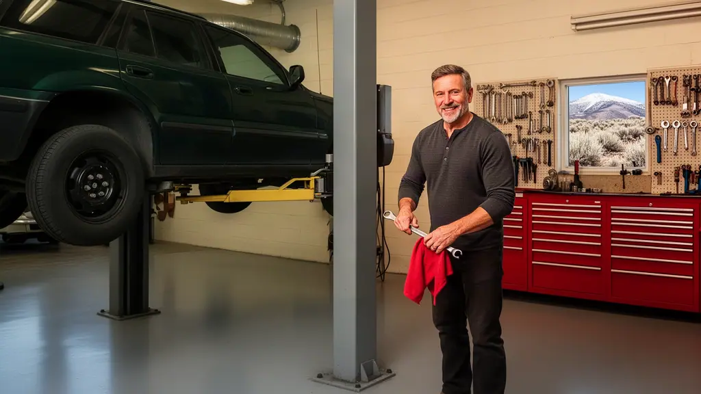 A smiling auto-repair shop owner wiping a wrench beside an SUV on a lift, red tool chests and a snowy ridge outside.