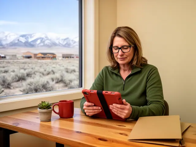 A woman with shoulder-length light-brown hair and black-framed glasses reviewing a tablet at a desk in a small back office.