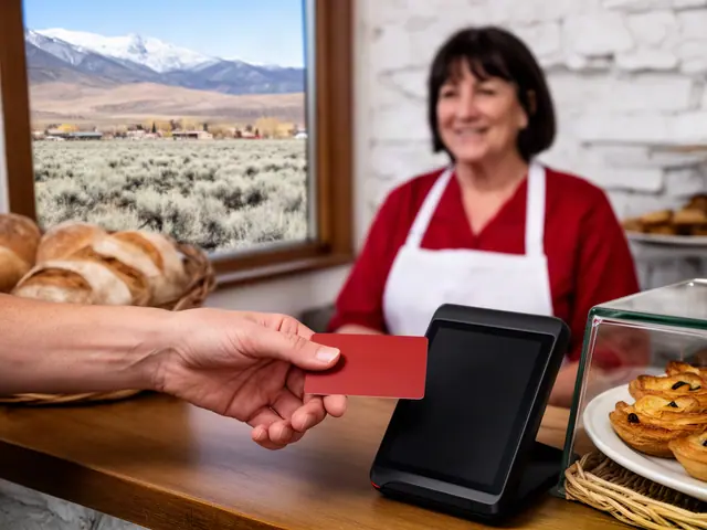 A customer taps a card on a counter terminal at a small Basque bakery café.