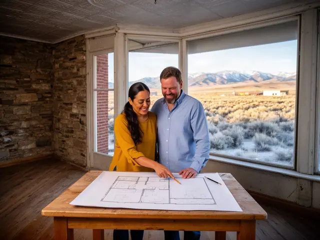 Two business partners looking over a pencil floor sketch in an empty storefront.