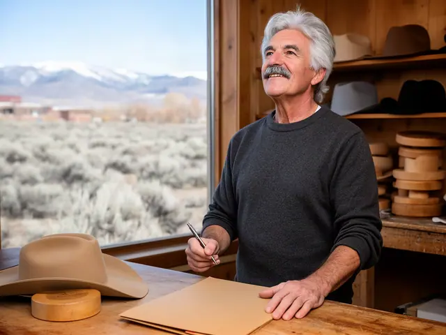 A man with thick gray hair at a work table with a closed folder in a small cowboy-hat shaping shop.